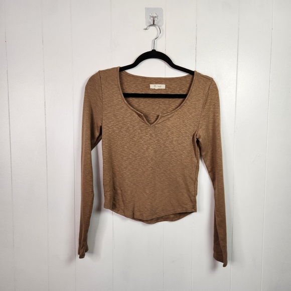 Madewell Long Sleeve Cropped Henley Shirt Brown Womens Size XS Casual Minimalist - Picture 2 of 7